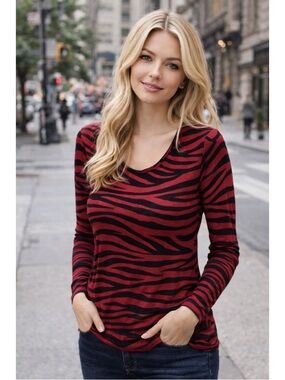 Miley Cyrus & Max Azria Red and Black Zebra-Print Long Sleeve Top